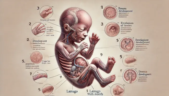 An illustration depicting the stages of fetal development from the third to the ninth month