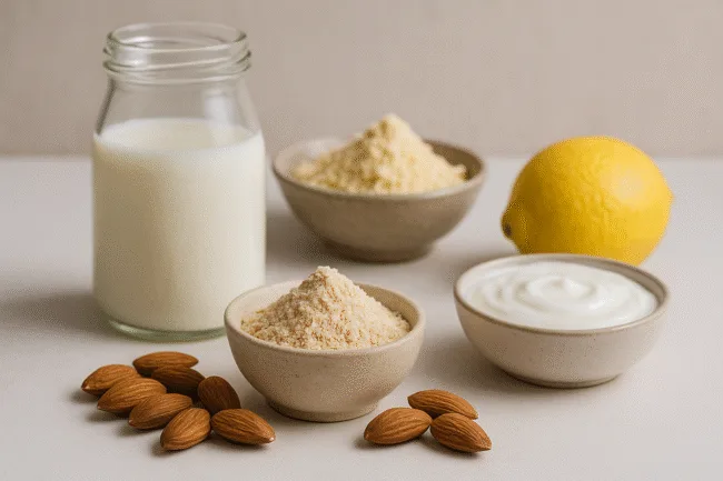 Representative image showing natural skincare ingredients like almond powder, milk, besan, lemon, and yogurt—used in homemade face packs for instant skin glow.