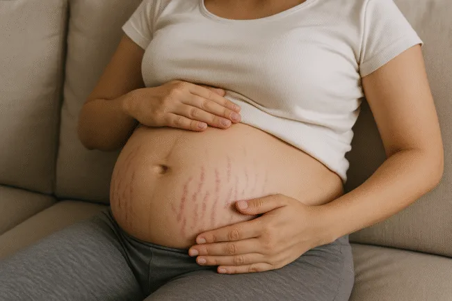 A representative image showing pregnancy stretch marks on the abdomen. Learn how natural remedies like aloe vera and coconut oil can help fade these marks.