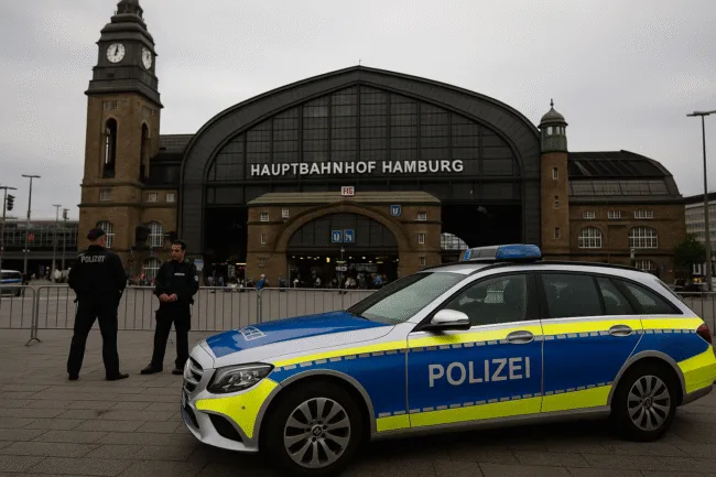 Representative image of police presence outside Hamburg Central Station following the May 23 knife attack; Germany ramps up urban surveillance after three stabbings in one week.