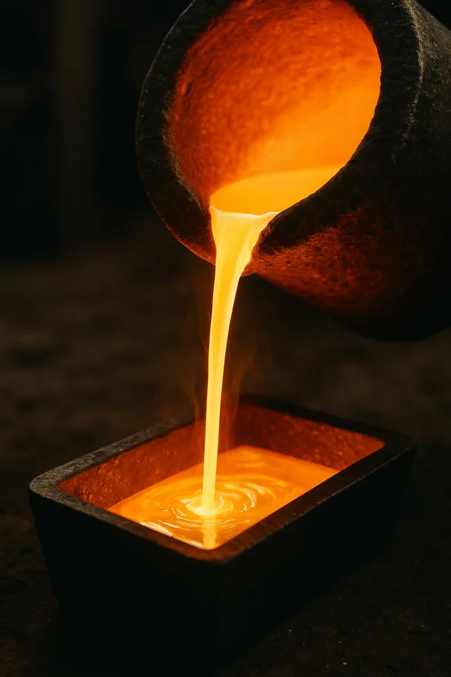 Representative image: Molten gold pours from a crucible into a casting mold during Kaiser Reef’s first production week at the Henty Gold Mine—marking a milestone in its transformation into a 30kozpa gold producer.