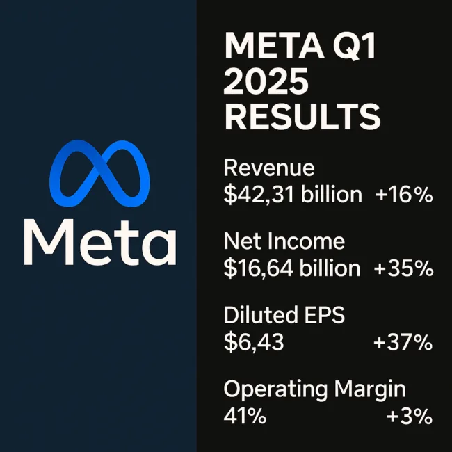 Meta Q1 2025 Earnings Snapshot: Revenue up 16%, Net Income jumps 35%, EPS hits $6.43—AI and Ads drive strong financial performance.