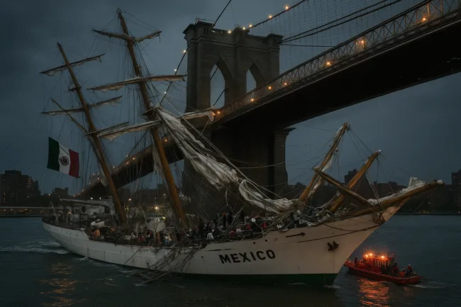 Representative image of the Mexican Navy’s ARM Cuauhtémoc after it collided with the Brooklyn Bridge on May 17, 2025—resulting in two fatalities and nineteen injuries. The tall ship’s damaged masts and emergency response underscore the rare maritime tragedy in New York City’s urban waterways.
