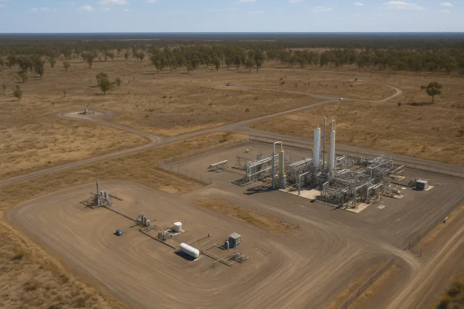 Representative aerial view of a coal seam gas processing site in regional Australia, illustrating the type of infrastructure planned for the Narrabri Gas Project, which Santos aims to develop to address New South Wales' east coast gas supply needs.