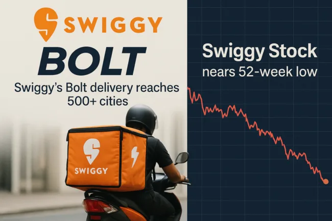 Swiggy’s Bolt delivery reaches 500+ cities but stock lags near lows; investors assess 10-minute food delivery model’s long-term impact.