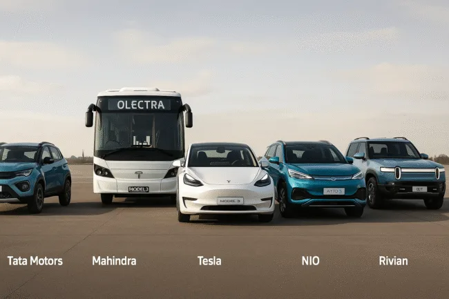 Representative image for Top EV Stocks in India and Abroad (2025): Featuring Electric Vehicles from Tata Motors, Mahindra, Tesla, BYD, NIO, and Rivian Powering the Global EV Boom