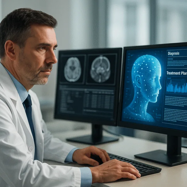 Representative image of an oncologist reviewing AI-generated diagnostic insights on dual monitors, combining medical imaging with algorithm-driven treatment planning in a modern cancer clinic.