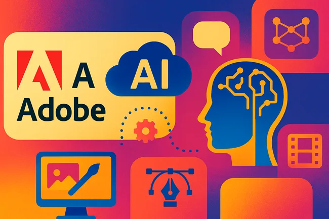 A vibrant digital illustration showcasing Adobe’s AI-powered creative ecosystem, featuring the Adobe logo, generative design elements, and productivity tools like Firefly and Acrobat AI—highlighting the company’s strategic focus on AI-first innovation in FY25.