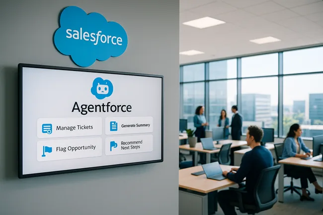Representative image: Agentforce interface on display inside a modern Salesforce office, symbolizing the company’s transformation into an AI-driven enterprise automation platform.