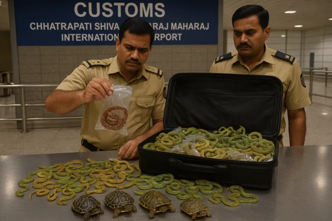 Mumbai airport wildlife smuggling bust 52 exotic reptiles seized from passenger arriving from Bangkok