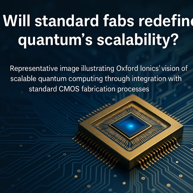 Representative image illustrating Oxford Ionics’ vision of scalable quantum computing through integration with standard CMOS fabrication processes