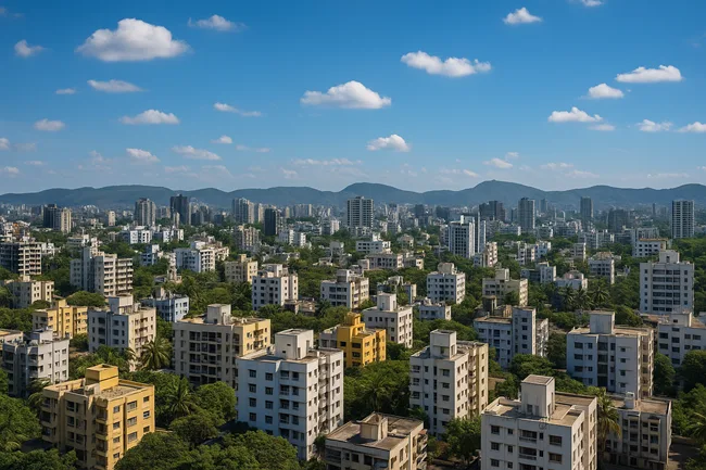 An expansive view of Pune’s urban skyline showcasing a mix of mid-rise residential towers and emerging high-rises, set against the backdrop of the city’s signature green hills. Areas like Kharadi, Bavdhan, and Thergaon are at the heart of 2025’s real estate land rush involving Godrej, DLF, Shapoorji Pallonji, and VTP Realty.