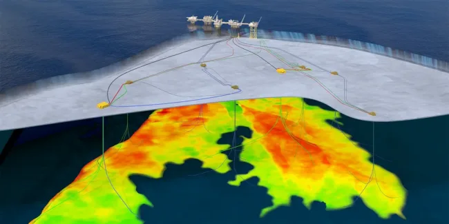 Illustration of Johan Sverdrup phase 3 subsea infrastructure and reservoir layout, showcasing expanded well paths and tie-backs to existing platforms in the North Sea.