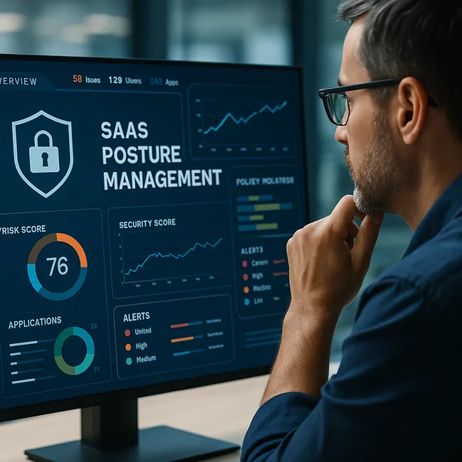 Representative image of a cybersecurity analyst reviewing SaaS posture management dashboards with real-time risk scores, policy violations, and compliance alerts in a modern office setting.