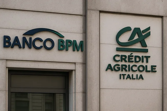 Representative image of Banco BPM and Crédit Agricole Italia headquarters signage, reflecting merger buzz and Italy’s evolving banking consolidation landscape.