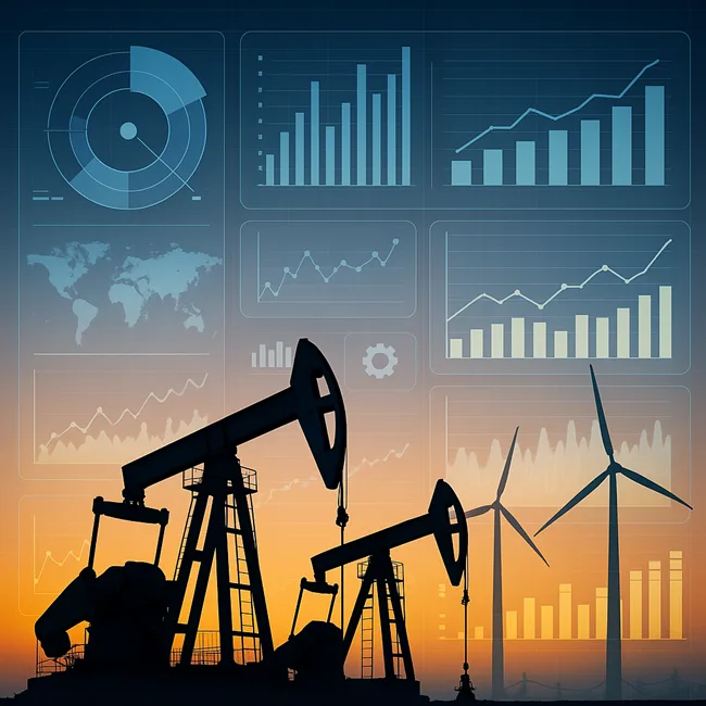Representative image of oil and gas rigs and renewable energy assets overlaid with digital analytics dashboards, reflecting how Blackstone’s $6.5B Enverus deal signals the future of data-driven energy strategy.