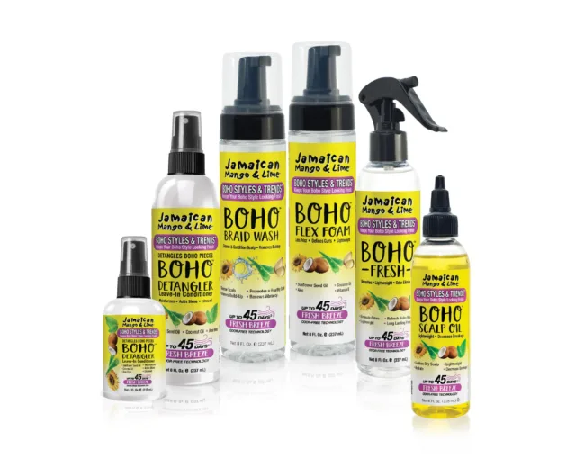 Jamaican Mango & Lime’s Boho Styles & Trends Collection, featuring the complete lineup of products including the Boho Braid Wash, Boho Scalp Oil, Boho Flex Foam, Boho Detangler, and Boho Fresh spray.