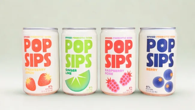 PopSips spiked prebiotic sodas in four core flavors — Strawberry Lemon, Ginger Lime, Raspberry Rose, and Berry — highlighting the clean-label, better-for-you alcohol positioning driving the brand’s retail expansion.