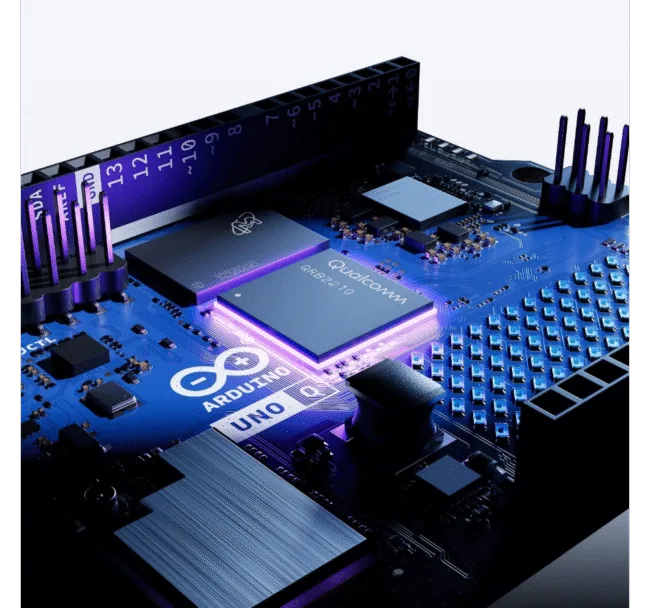 Product image of the Arduino UNO Q board featuring Qualcomm’s Dragonwing QRB2210 processor, highlighting next-gen AI and edge computing integration.