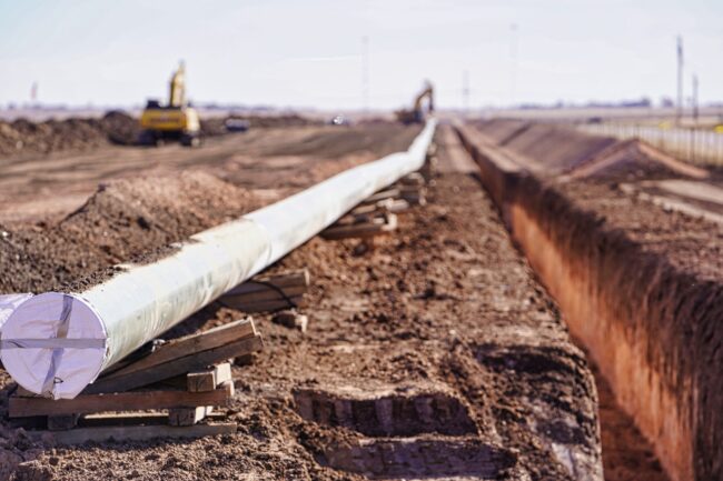 Natural gas pipeline infrastructure under construction at Fermi America’s Project Matador campus in Amarillo, Texas, part of the early groundwork supporting the site’s future 11 GW AI-powered private grid and its new 200 MW electric service agreement with Xcel Energy.