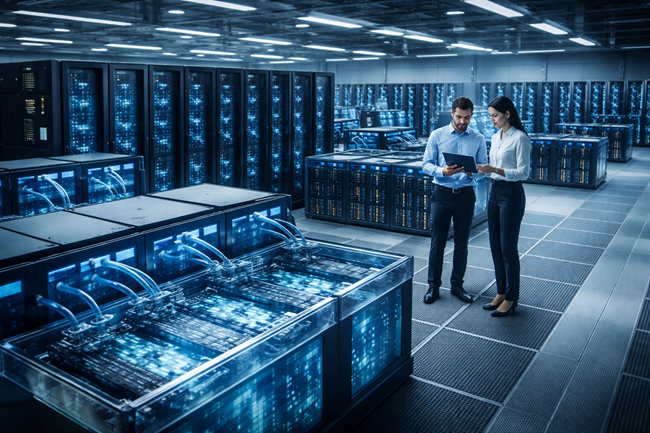 Representative image of an AI-ready data centre using high-density, liquid-cooled servers, illustrating the infrastructure strategy behind Anant Raj Limited’s push into sovereign AI and cloud computing in India.