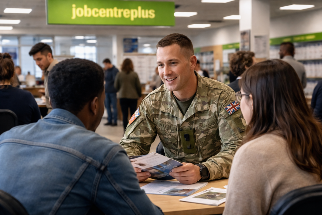 A representative image showing a United Kingdom Jobcentre Plus environment, reflecting the Ministry of Defence and Department for Work and Pensions initiative to expand Armed Forces recruitment and career guidance through local jobcentres.