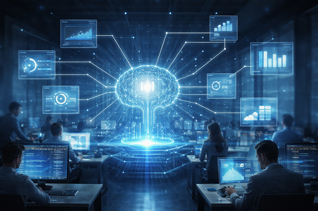 Representative image showing agentic AI acting as an execution layer across enterprise systems, reflecting how companies are rethinking SaaS workflows and software license costs.