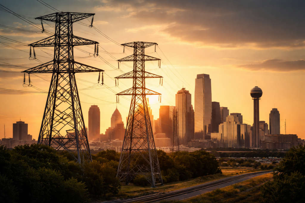 Representative image showing high-voltage transmission infrastructure near an urban center in Texas, reflecting the regulatory approval of Blackstone Infrastructure’s acquisition of TXNM Energy and its implications for U.S. utility ownership.