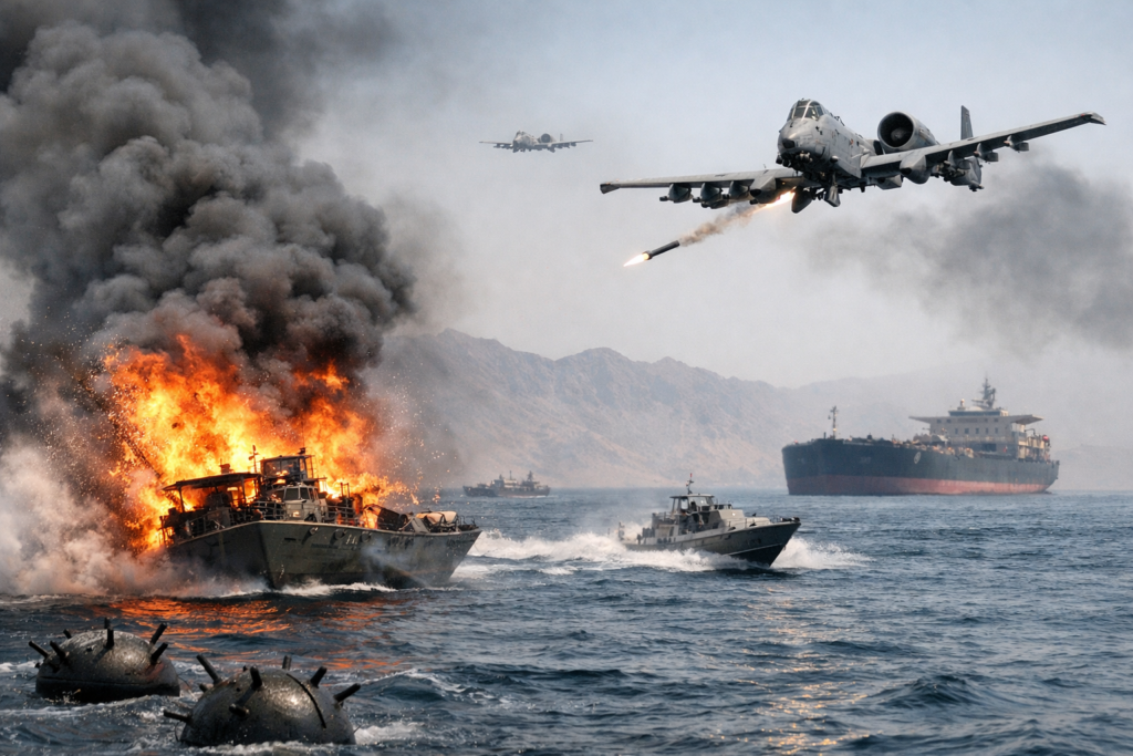 Representative image of United States Air Force A-10 Warthog aircraft targeting Iranian mine-laying vessels in the Strait of Hormuz, illustrating escalating US-Iran tensions and the deepening global oil supply crisis.