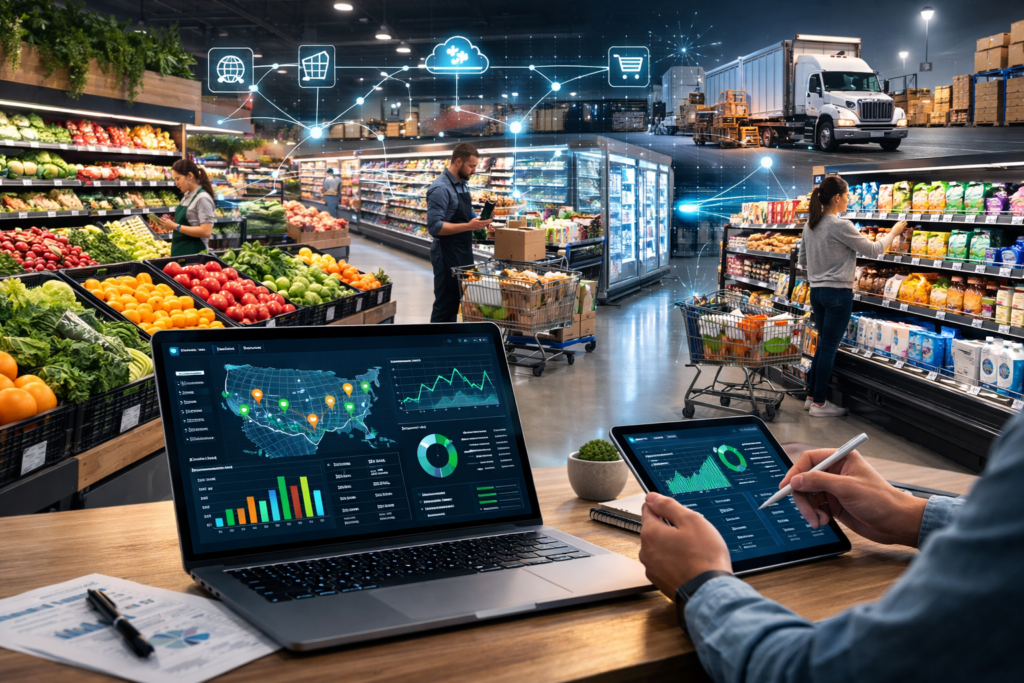 Representative image: Illustration of AI-powered grocery inventory management as Afresh Technologies expands its grocery AI platform to manage replenishment, forecasting, and supply chain decisions across the entire supermarket.