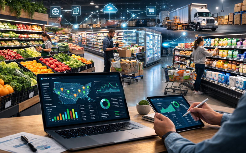 Representative image: Illustration of AI-powered grocery inventory management as Afresh Technologies expands its grocery AI platform to manage replenishment, forecasting, and supply chain decisions across the entire supermarket.