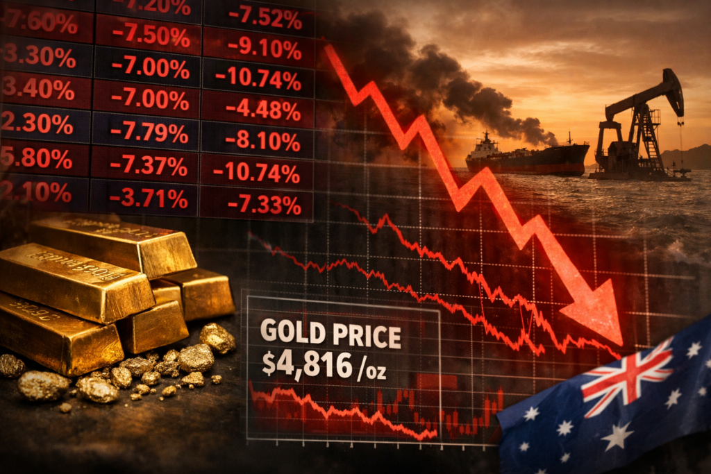 ASX gold stocks plunge 7–10% as hawkish Federal Reserve signals and Iran oil shock trigger sharp selloff across global gold markets — representative image of sector-wide volatility and falling gold prices in 2026