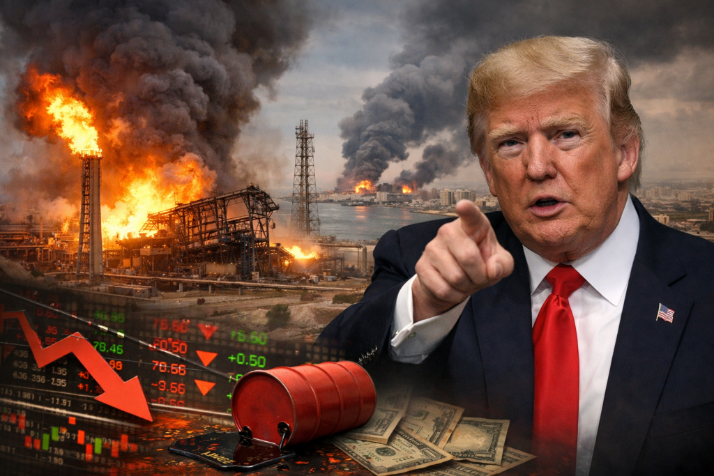 Representative image of escalating Middle East tensions as Donald Trump warns Israel against further strikes on Iran’s energy infrastructure, with Gulf energy markets burning and global oil prices and financial markets under pressure.