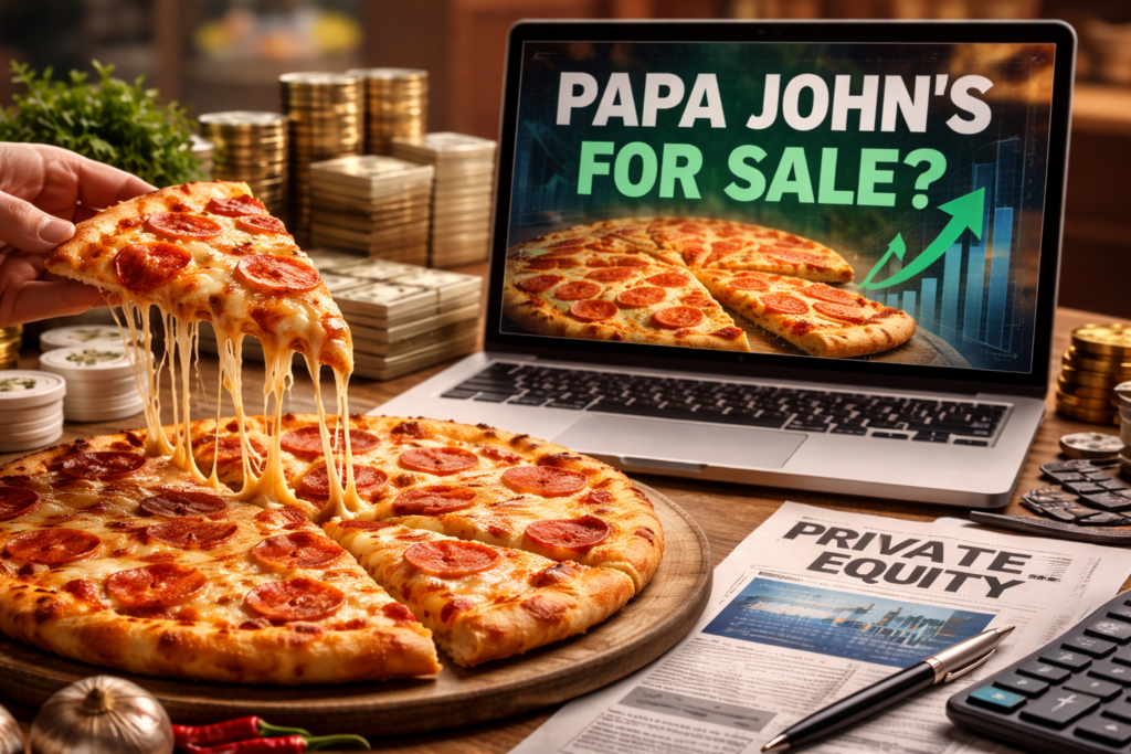 Representative image illustrating rising takeover speculation around Papa John’s International, Inc., as renewed private equity interest and a reported $65-per-share bid from TriArtisan Capital Advisors push the PZZA stock back into focus amid ongoing turnaround efforts.