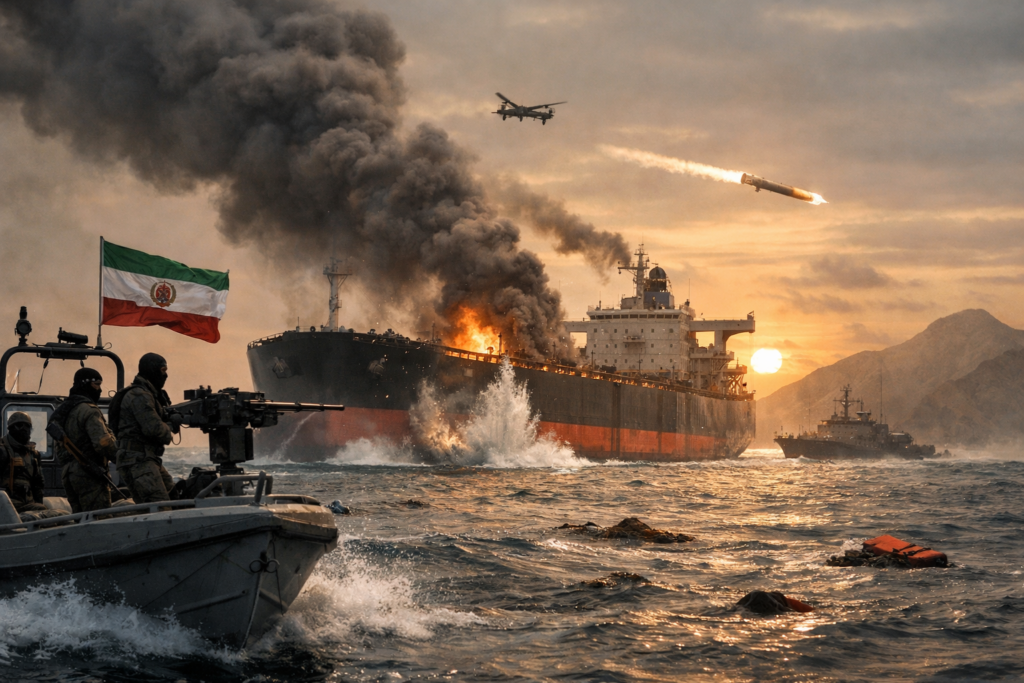 Representative image of escalating tensions in the Strait of Hormuz as six nations demand Iran end attacks on commercial shipping and reopen the critical global oil transit route.