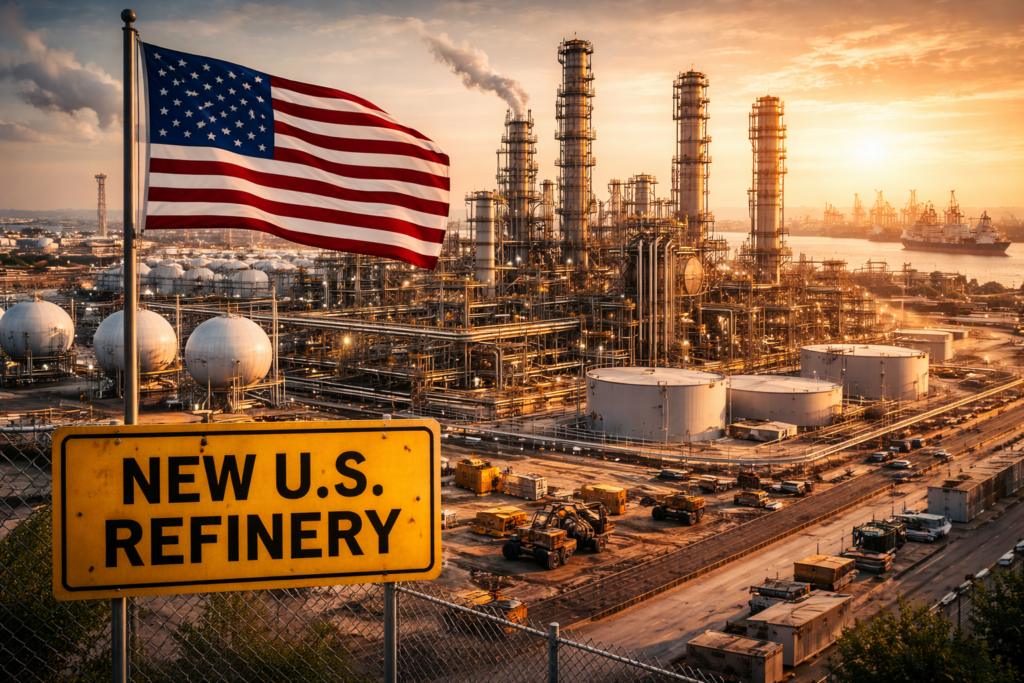 Representative image of a large-scale oil refinery complex under development at a U.S. coastal energy hub, illustrating the proposed America First Refining project at the Port of Brownsville, Texas, which aims to become the first new crude oil refinery built in the United States in nearly 50 years and reshape domestic refining capacity for American light shale oil.