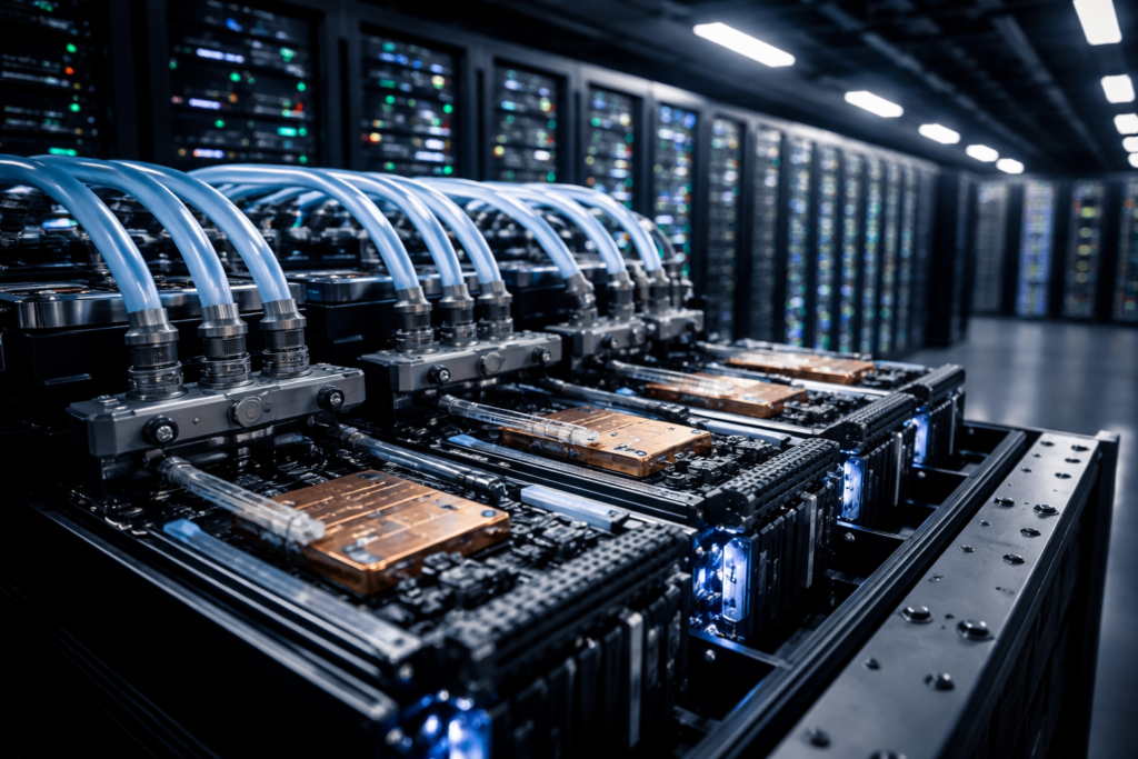 Representative image of liquid-cooled AI server hardware inside a hyperscale data center, illustrating the type of direct-to-chip cooling infrastructure being developed through the Flex and Broadcom collaboration to support next-generation AI XPUs and high-density artificial intelligence workloads.