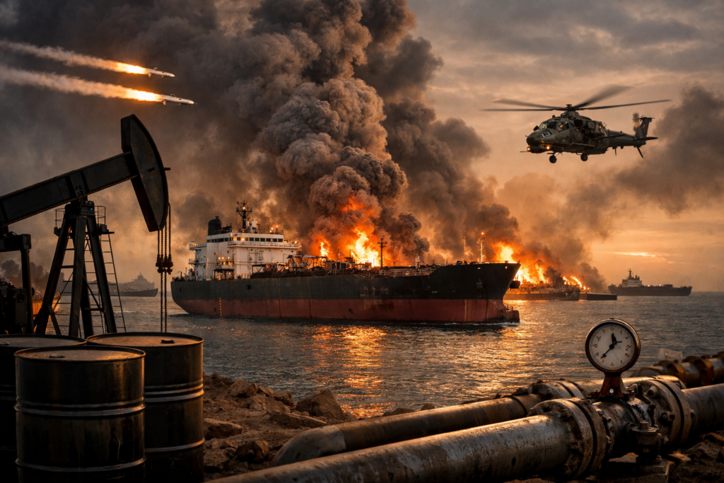 Representative image of an oil tanker and offshore energy infrastructure amid military tension, illustrating the global oil market shock as Brent crude tops $105 and the Strait of Hormuz disruption triggers the largest supply crisis in modern energy trade.