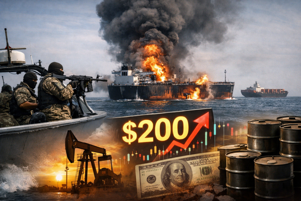 Representative image showing an oil tanker under attack in the Strait of Hormuz as tensions involving Iran’s Islamic Revolutionary Guard Corps raise fears of a major supply disruption that analysts warn could push global oil prices toward $200 per barrel.