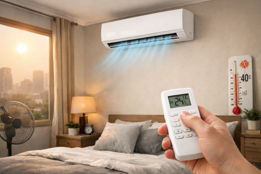 Representative image of a 1.5-ton inverter split air conditioner cooling a bedroom during peak Indian summer heat, illustrating the Carrier ESTER EDGE Gxi review and what buyers should know before choosing a 5-star AC.