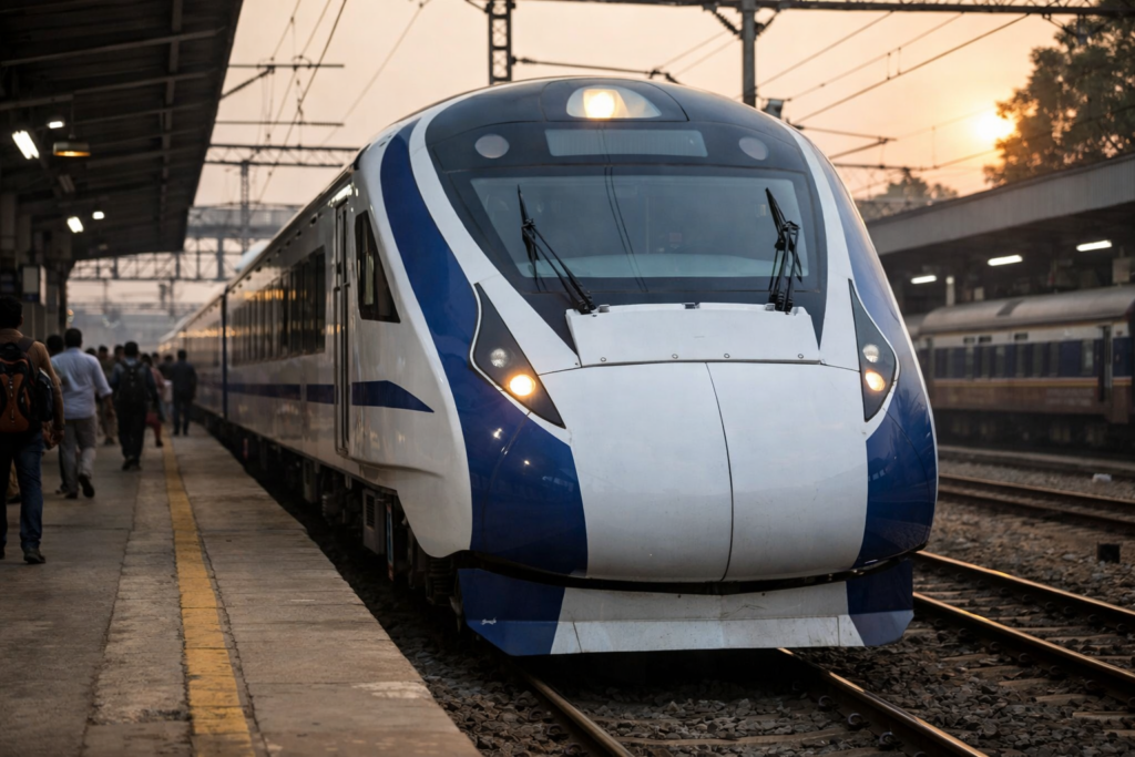 Representative image of a Vande Bharat Express train at an Indian railway platform, illustrating the Business News Today feature on whether 20834 Vande Bharat Express remains the best Secunderabad to Visakhapatnam train option in 2026.