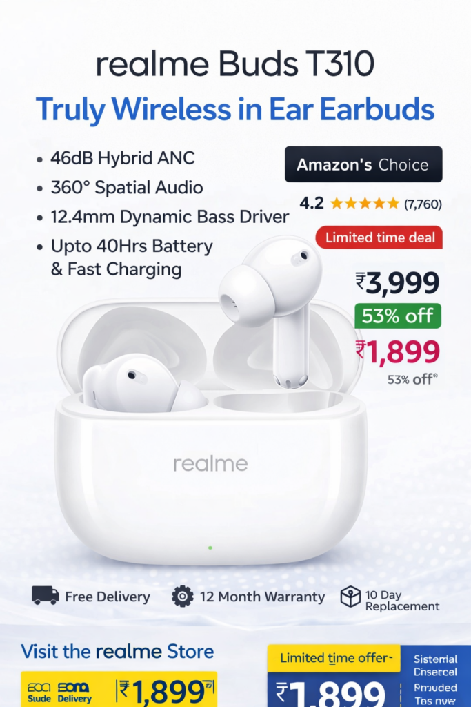 realme Buds T310 in Agile White: top true wireless earbuds under ₹2,000