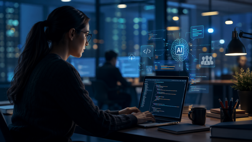 Representative image of AI-assisted software development in an enterprise environment, illustrating why Accenture’s investment in Replit could reshape how large companies build, test, and deploy applications faster.