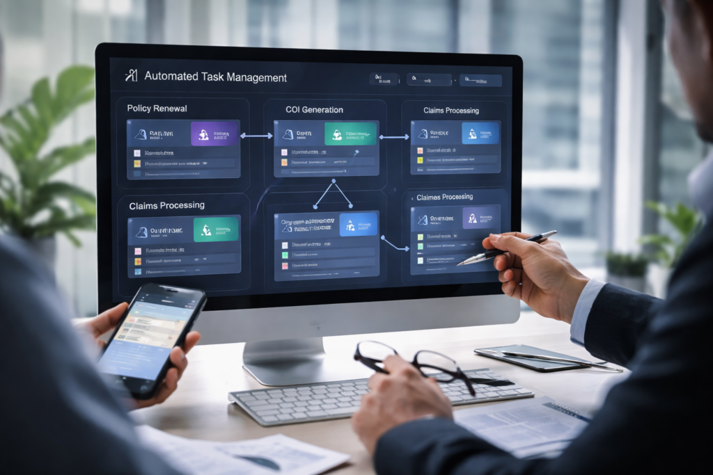 Representative image of an AI-powered insurance agency workflow dashboard, illustrating how COVU OS is aiming to automate policy servicing, task routing, and operational efficiency in insurance distribution.