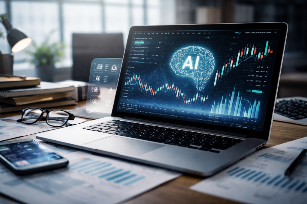 Representative image of AI-powered stock analysis tools and digital investing dashboards, reflecting Versant Media Group’s StockStory acquisition and CNBC’s push into data-driven retail investor insights.