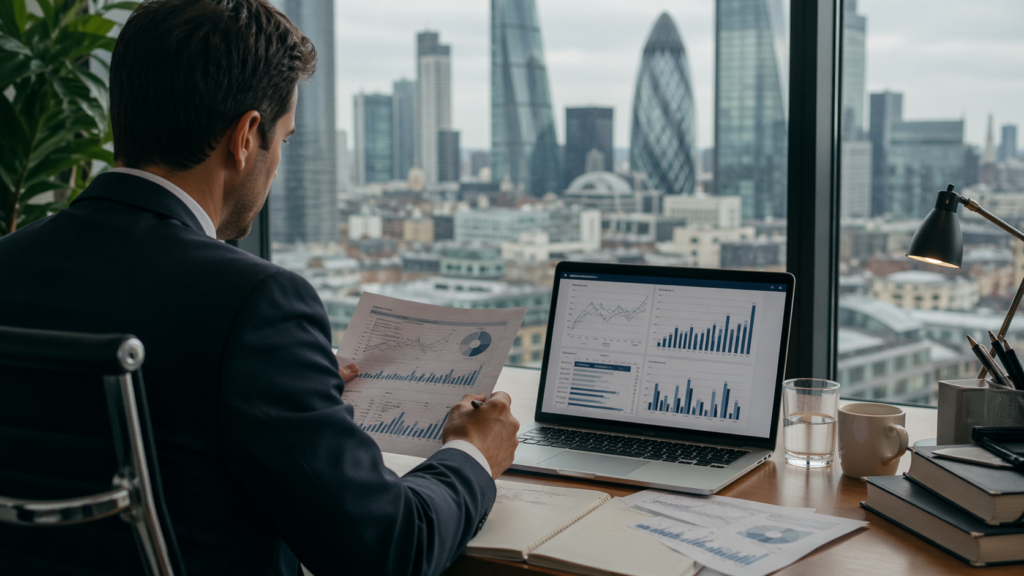 Representative image of a financial analyst reviewing market dashboards and fund flow reports, illustrating why Aberdeen Group plc’s Q1 2026 trading update and ABDN stock outlook remain in focus for investors.
