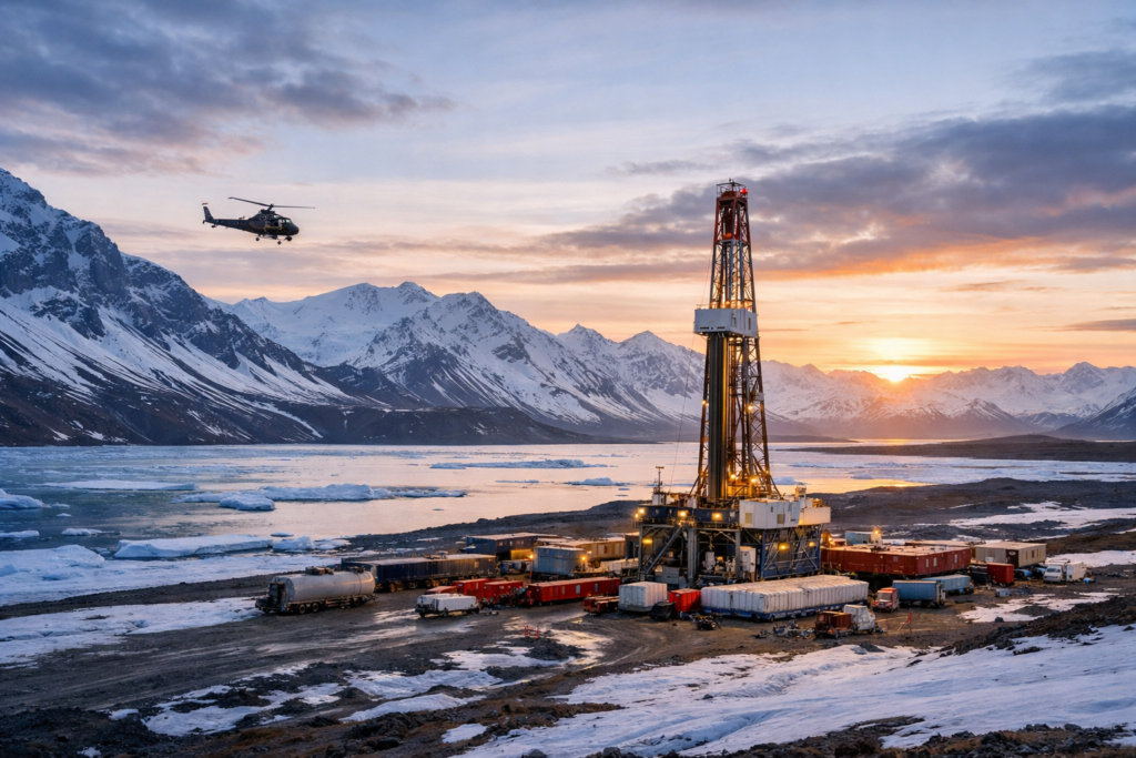 Representative image of an Arctic onshore oil drilling site in Greenland, illustrating why Greenland Energy Company (NASDAQ: GLND) stock is drawing attention ahead of its planned first Jameson Land Basin drill spud in 2026.