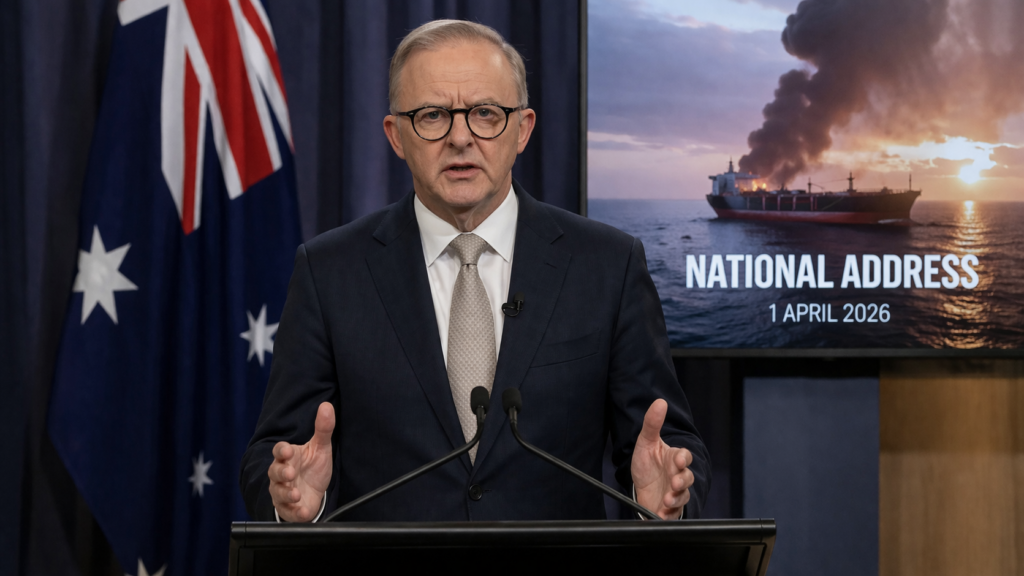 Representative image of an Australian Prime Minister-style national address as Anthony Albanese warns Australians of months-long economic pain, a fuel crisis, and record petrol prices linked to the Middle East war and Strait of Hormuz disruption.
