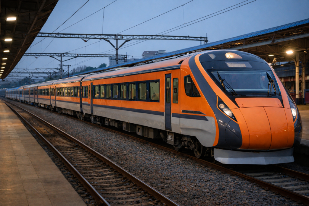 Representative image of a Vande Bharat Sleeper train at a station platform, illustrating Indian Railways’ approval of the Bengaluru-Mumbai Vande Bharat Sleeper service, with full schedule details awaited.