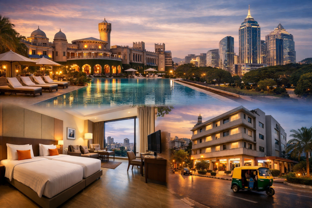 Representative image of Bengaluru’s diverse hotel market, highlighting luxury, mid-range, and budget stay options featured in our complete guide to the top hotels in Bengaluru for 2026.
